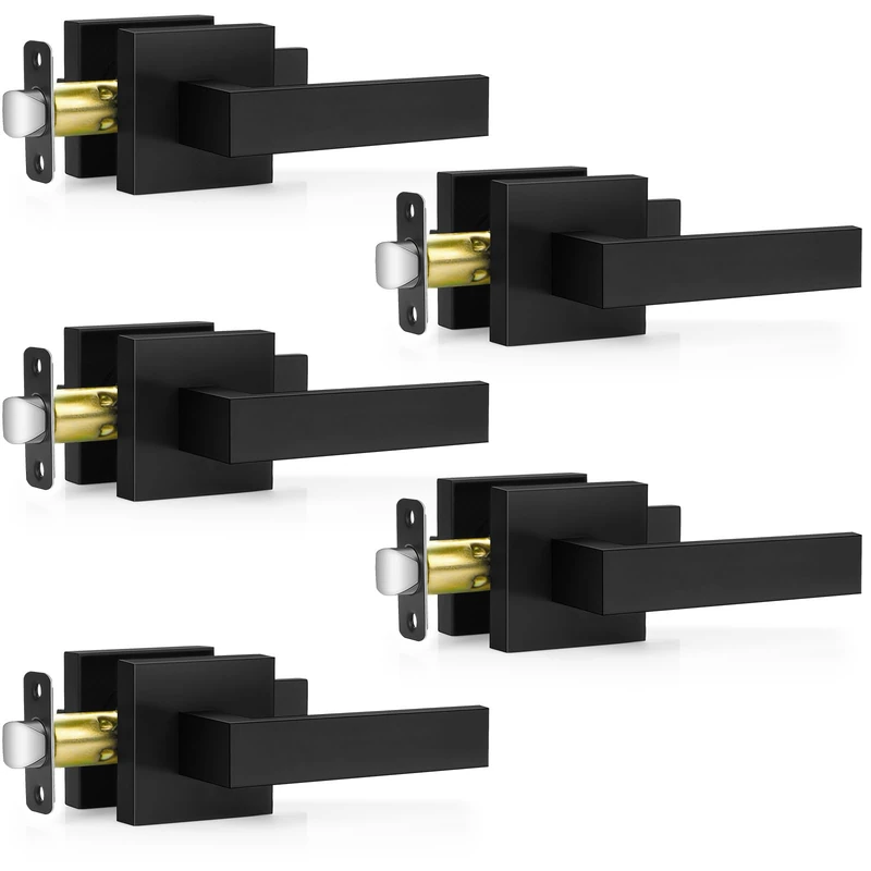 Plustool 5 Pack Matte Black Door Handles, Passage Door Levers for Hall & Closet, Internal Door Knobs Heavy Duty Square Non-Locking Handlesets (2.0lb), Reversible for Left & Right Sided Doors