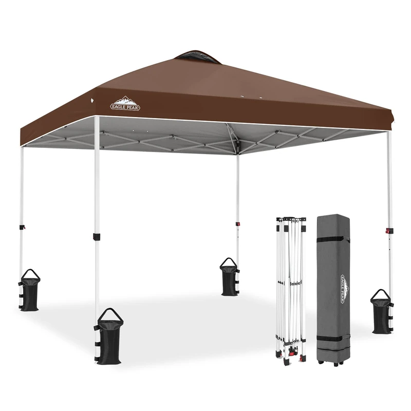 EAGLE PEAK Folding Canopy with Carry Bag with Wheels, 8 Pins, 4 Ropes, 4 Truck Bags – Easy Assembly, 10×10ft, 100 Square Feet Shadow, Dark Brown - Image 1