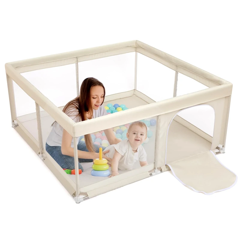 BEJOY Baby Playpen, Play Pen for Baby and Toddlers, Compact and Strong, Foam Protection, Anti-Slip Safety Play Yard with Transparent Breathable Mesh Round Zipper Door Kids Activity Centre 125cm Beige
