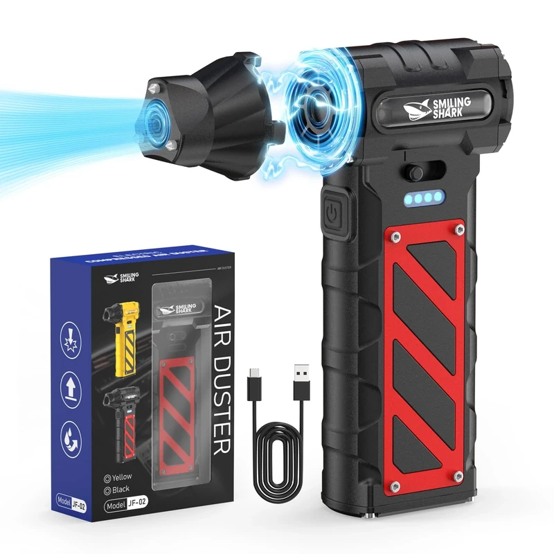 Smiling Shark Compressed Air Duster, JF-02 110000RPM Stepless Speed Cordless Electric Air Blower with Emergency Cutter & Hammer, Rechargeable Mini Dust Blower for PC/Keyboard/Outdoor/House and Car