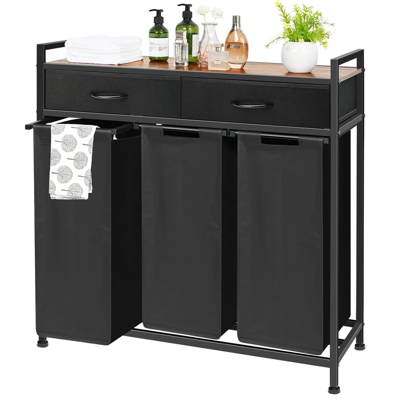 Laundry Sorter 3 Section, Laundry Hamper with Shelf and 2 Drawers, 180L Laundry Basket, laundry Organizer Cart, Pull-Out and Removable Oxford Fabric Laundry Bags,Black