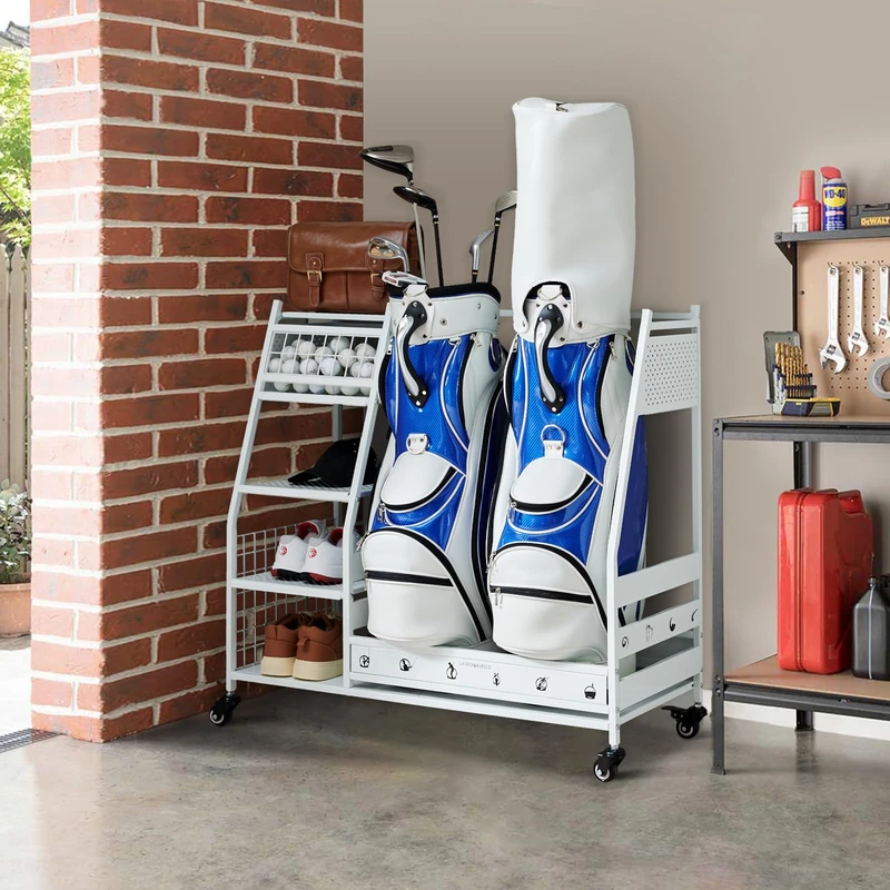 Lauren&Harold Golf Bag Organizer - Fits 2 Bags, Clubs & Accessories - Garage, Shed, Basement Storage, White