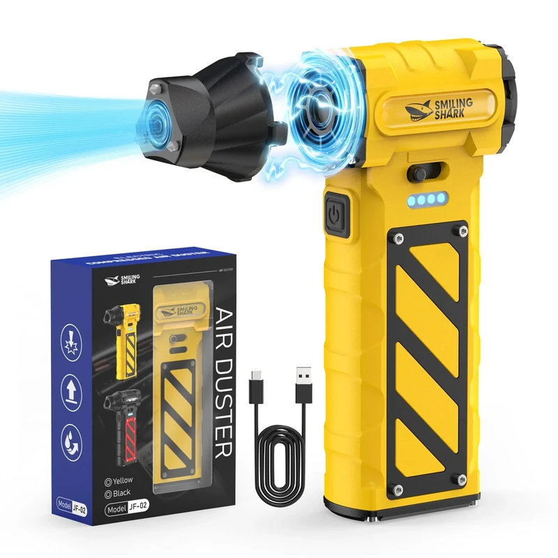 Smiling Shark Compressed Air Duster, JF-02 110000RPM Stepless Speed Cordless Electric Air Blower with Emergency Cutter & Hammer, Rechargeable Mini Dust Blower for PC/Keyboard/Outdoor/House and Car