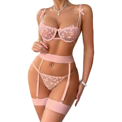 Satohom Women's Sexy Garter Belt Lingerie Set 4 Pieces with Heart Embroidered Half Cup Underwire Push Up Bra Thong Garters Belt and Leg Ring Mesh Sheer Plus Size Underwear Set Teddy Babydoll