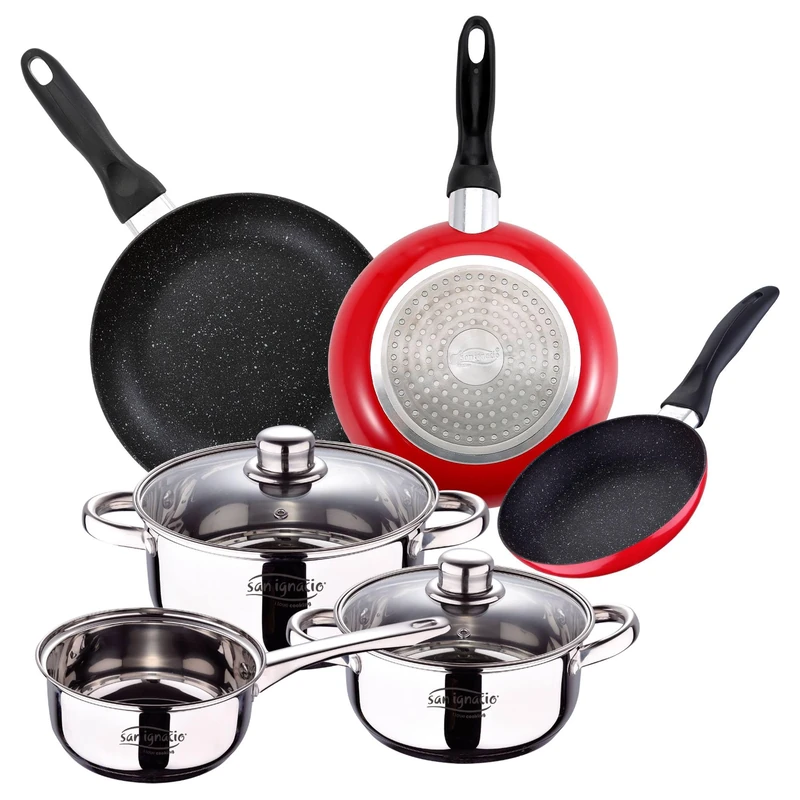 Set of 5 Cassel Pans + Set of 3 Frying Pans Ø16/Ø20/Ø24 cm, red, Pressed Aluminium, Non-Stick, Induction