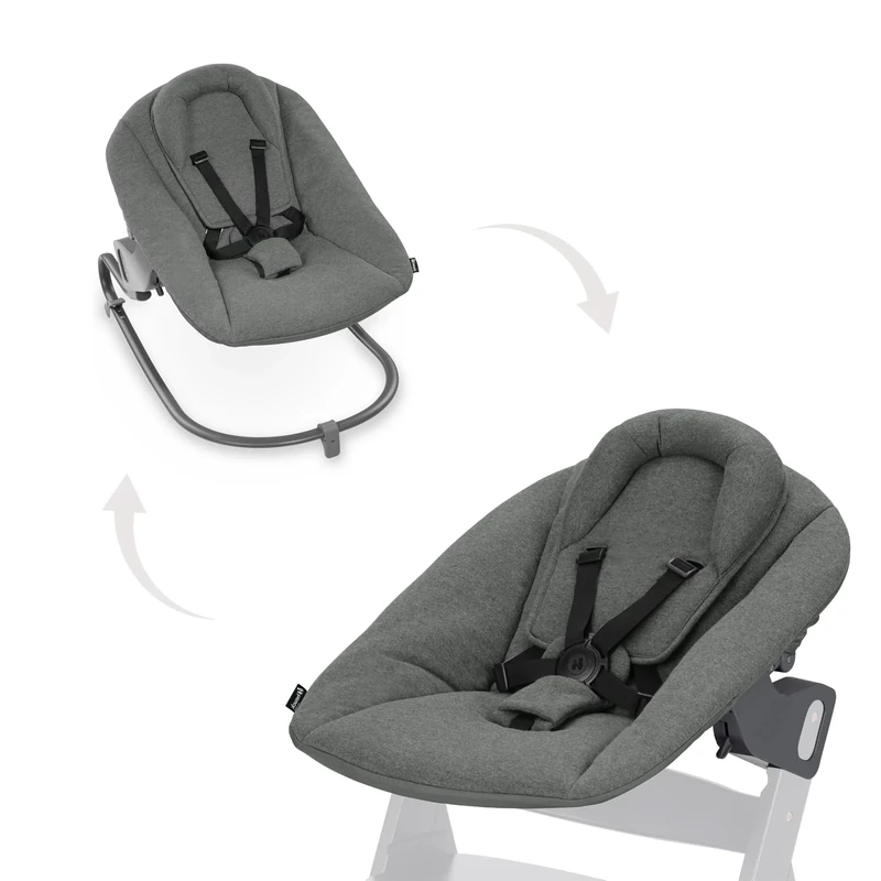 hauck Alpha Bouncer Premium, Dark Grey - Baby Seat for Alpha+ Wooden Highchair with 5-Point Harness, Bouncing Frame & Seat Reducer, from Birth up to 9 kg