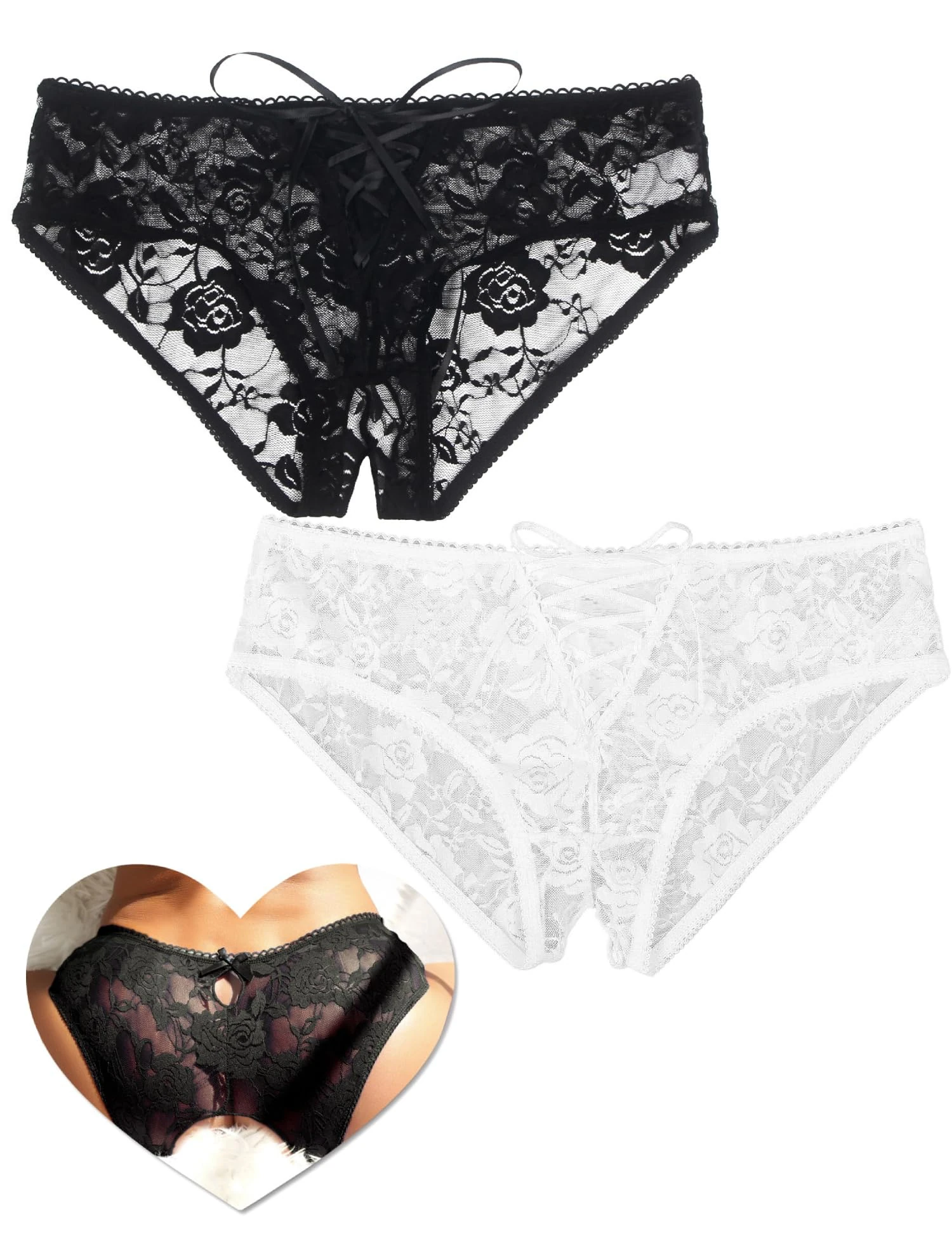 ohmydear Lace Thongs for Women Pack of 2 Sexy Underwear Sheer Knickers Adjustable Criss Cross G-Strings Plus Size Ladies Keyhole Crotchless Panties Size 20-22