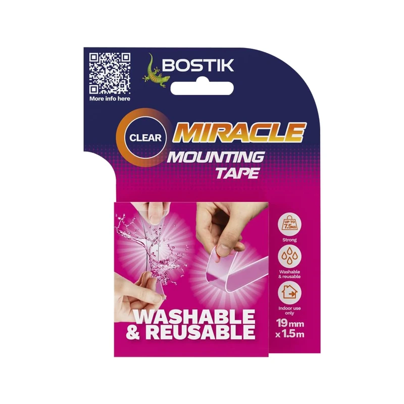 Bostik Miracle Mounting Tape Clear 19mm x 1.5m Roll - Double-Sided Mounting Tape - Ultra Strong - Washable & Reusable - 1kg per 20cm - Image 1