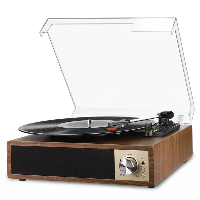 Record Player, VOKSUN Bluetooth Vinyl Turntable with Built-in Stereo Speaker Belt-Driven Vintage Phonograph Record Player Vinyl Player, 3 Speed Turntable with Digital Encoder, USB, RCA, Aux IN, Wooden