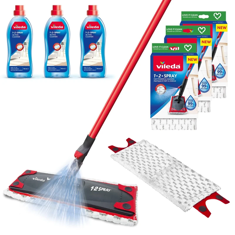 Bundle of Vileda 1-2 Spray Mop with 3 x Vileda 1-2 Spray Mop Refills + 3 x 750ml 1-2 Spray Active Cleaning Liquid