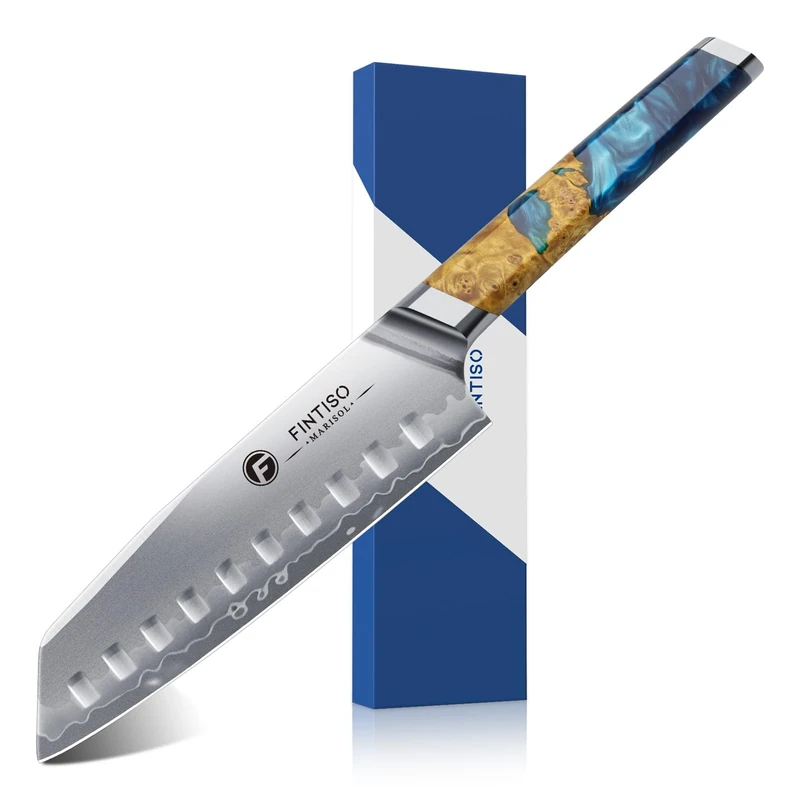 FINTISO Santoku Knife 7 inch Kitchen Knife S35VN Powder Steel Core for Meats Vegetables, 7-Layers Clad Steel Japanese Chef Knife Super Sharp Chopping Knife with Celestial Resin & Wood Handle Best Gift