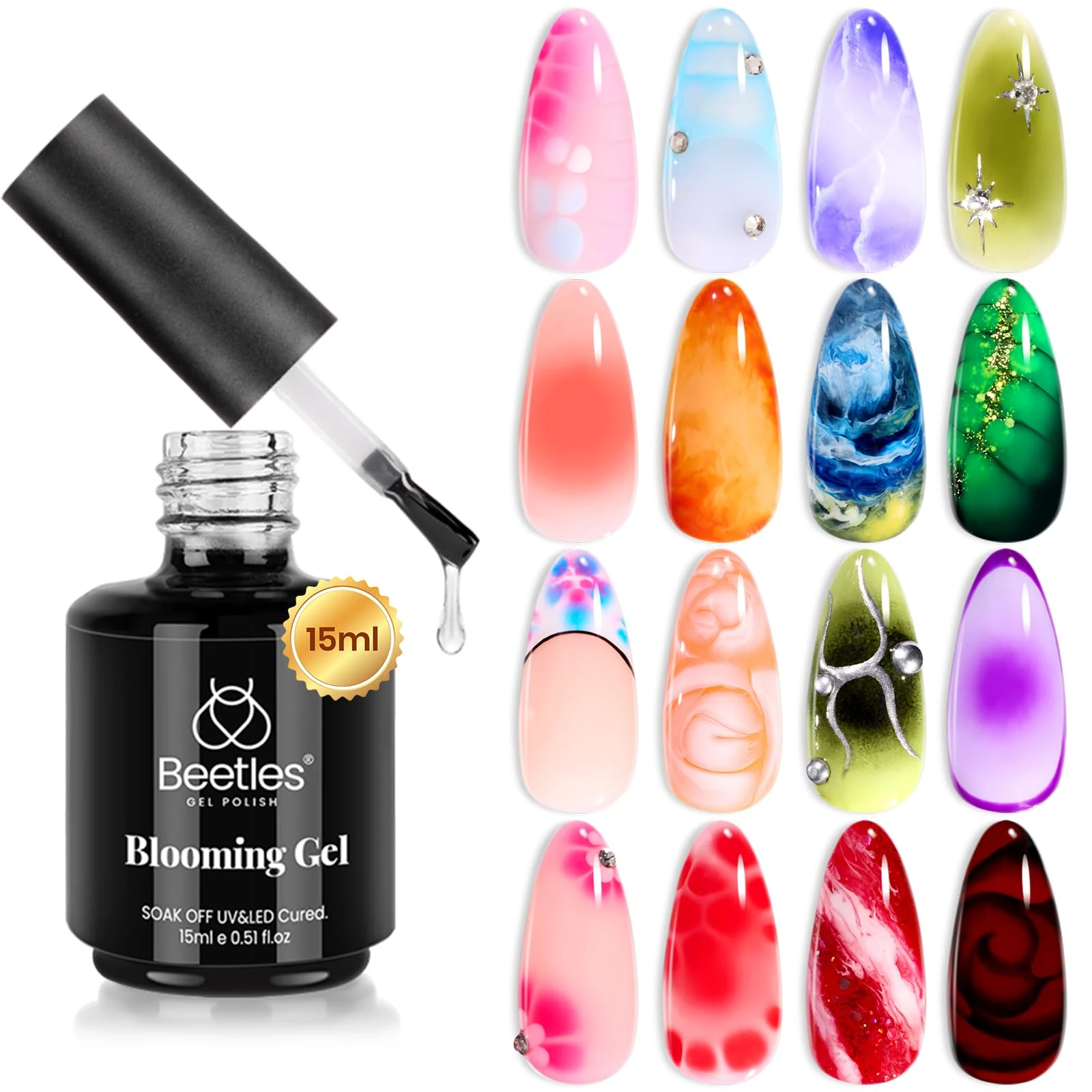 beetles Blooming Gel 15ml Clear Blossom UV Gel Polish for Spreading Effect Marble Natural Stone Watercolor Floral Print Soak off Nail Gel Diy Nail Art Design Manicure Gift for Girls