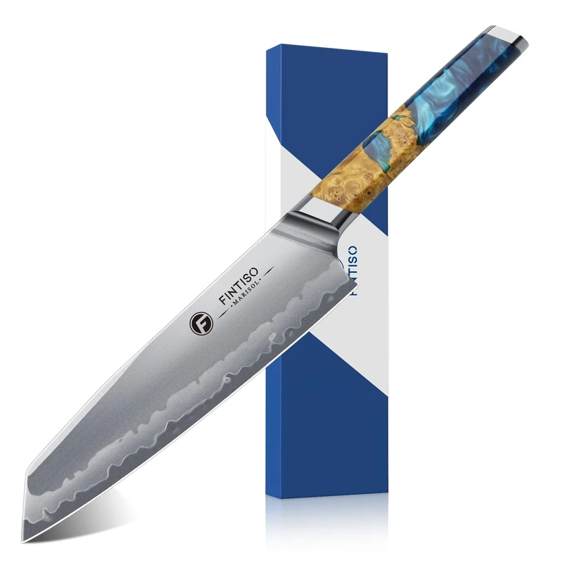 FINTISO Chef Knife 20CM Kitchen Knife in S35VN Powder Steel Core Japanese Chef Knives, 7-Layers Clad Steel Cooking Knife Super Sharp Knife for Kitchen with Celestial Resin & Wood Handle Gift Box