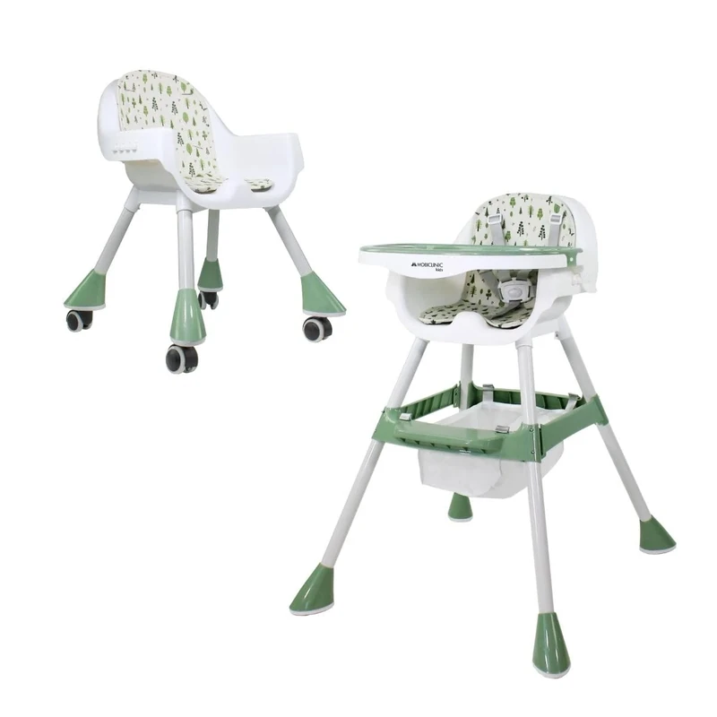 Mobiclinic®, High Chair, 2 in 1, Adjustable Height, Baby Highchair, Double Tray, Baby and Toddler Chair, 5-Point Safety Harness, Removable Wheels, Up to 35 kg, Forest, Storage Basket, 360º Wheels
