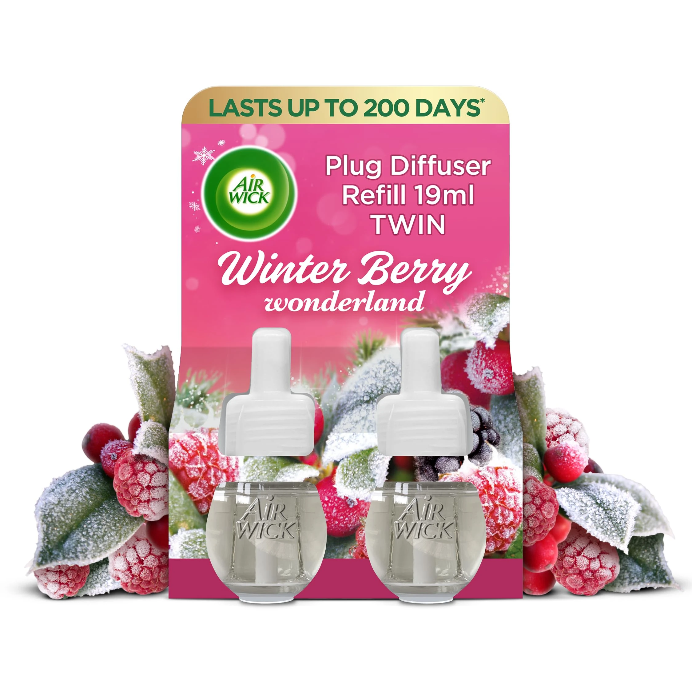 Airwick Air Freshener Plug in Diffuser Twin Refill, Room Air Freshener, Winter Berry Wonderland, 2 x 19ml, Lasts Up to 200 Days (100 Days per Refill)