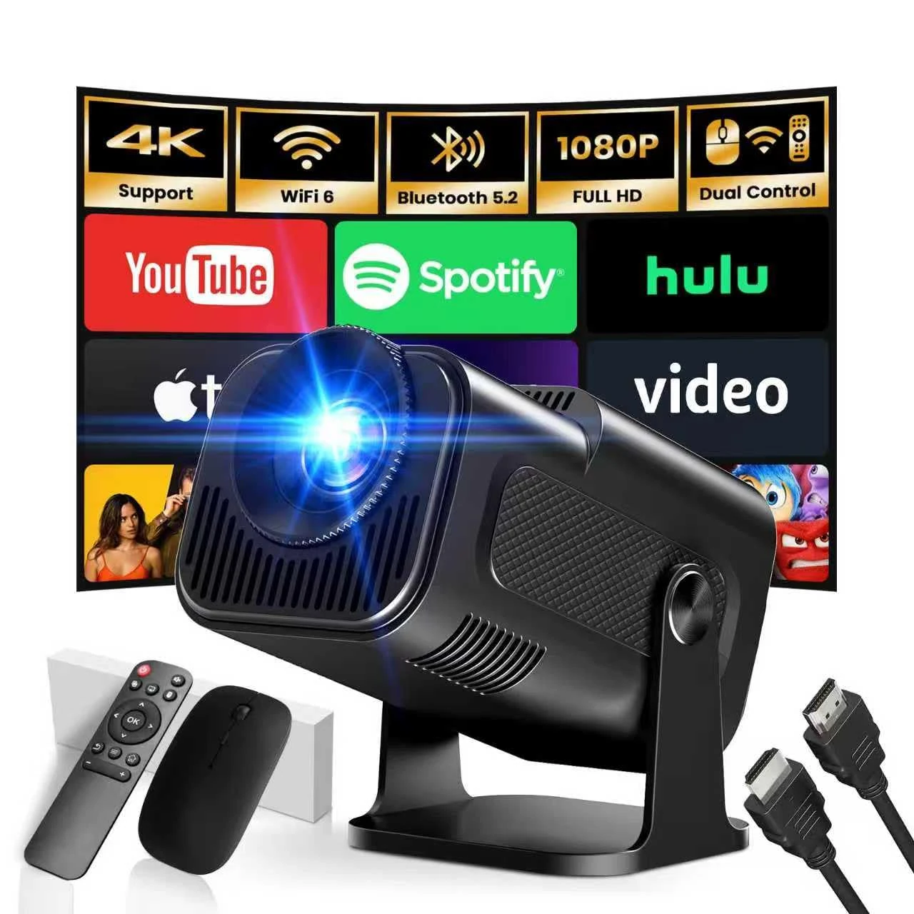 [2025 Model & Built-in Apps] Mini Projector 1080P FHD 4K Support Portable Projector with WiFi and Bluetooth Auto Keystone 180° Adjustable Compatible with TV Stick/Memory Stick/USB/Laptop