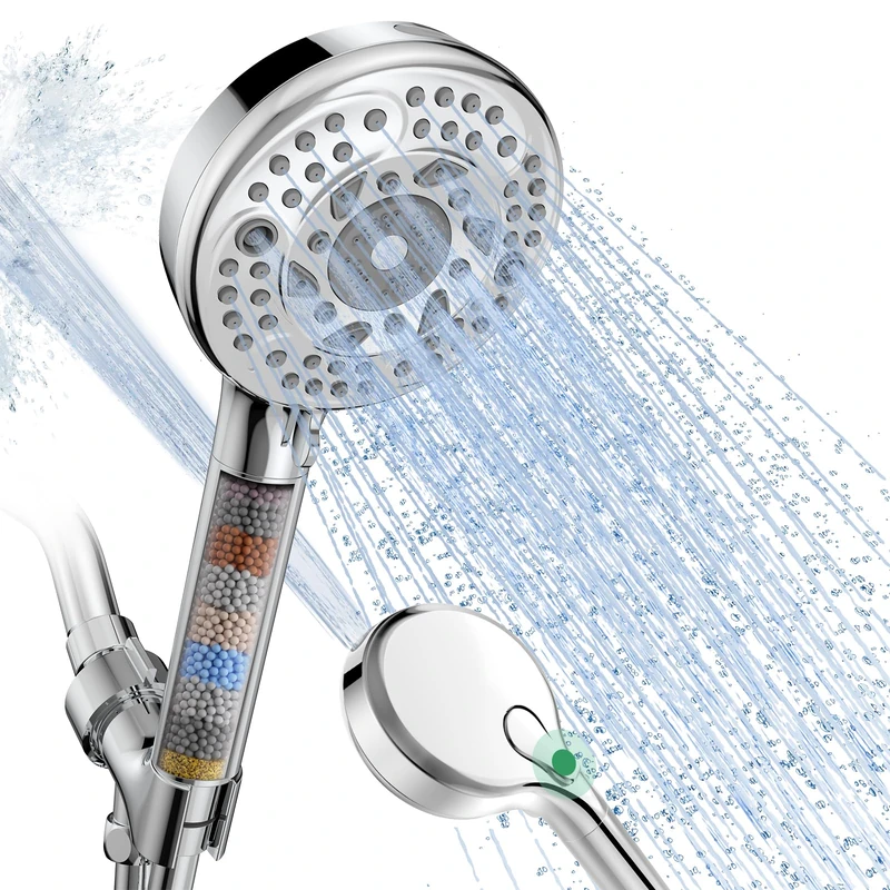 Filtered Shower Head and Hose, 9-Spray Setting High Pressure Shower Head with Filters for Hard Water - Filtered Chlorine (Chrome,1 Filters)