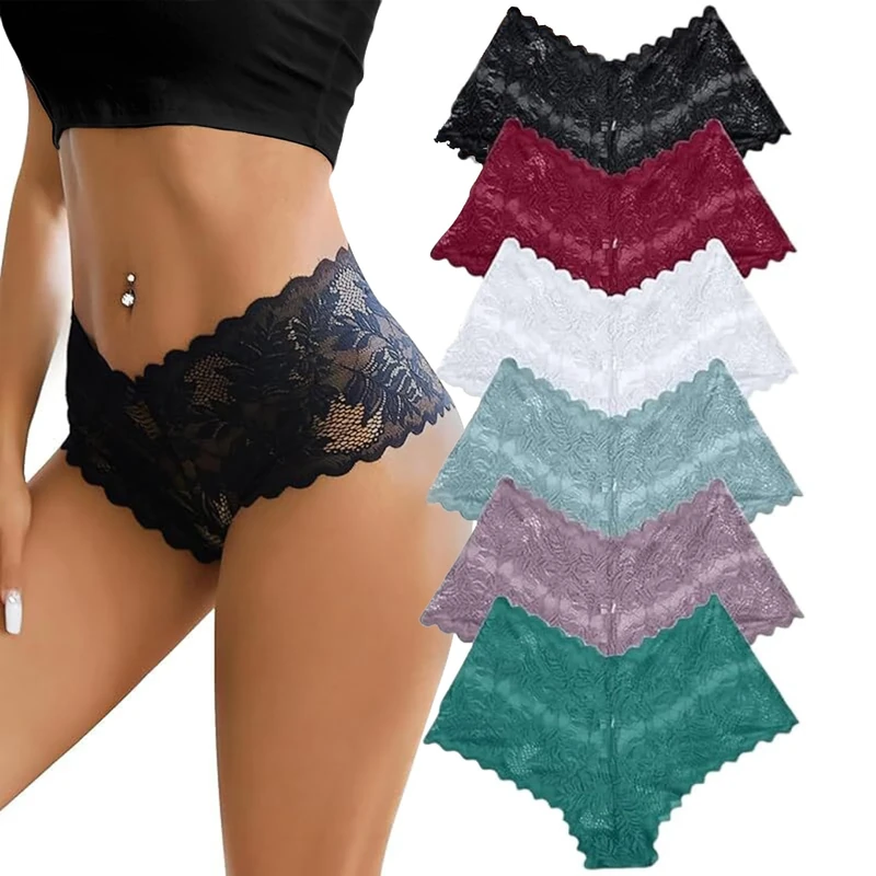 HAGOT 6PCS Women Lace Panties, Lace Sexy Underwear for Women, Hipster Panties, Ultra Thin Boxer Briefs, L