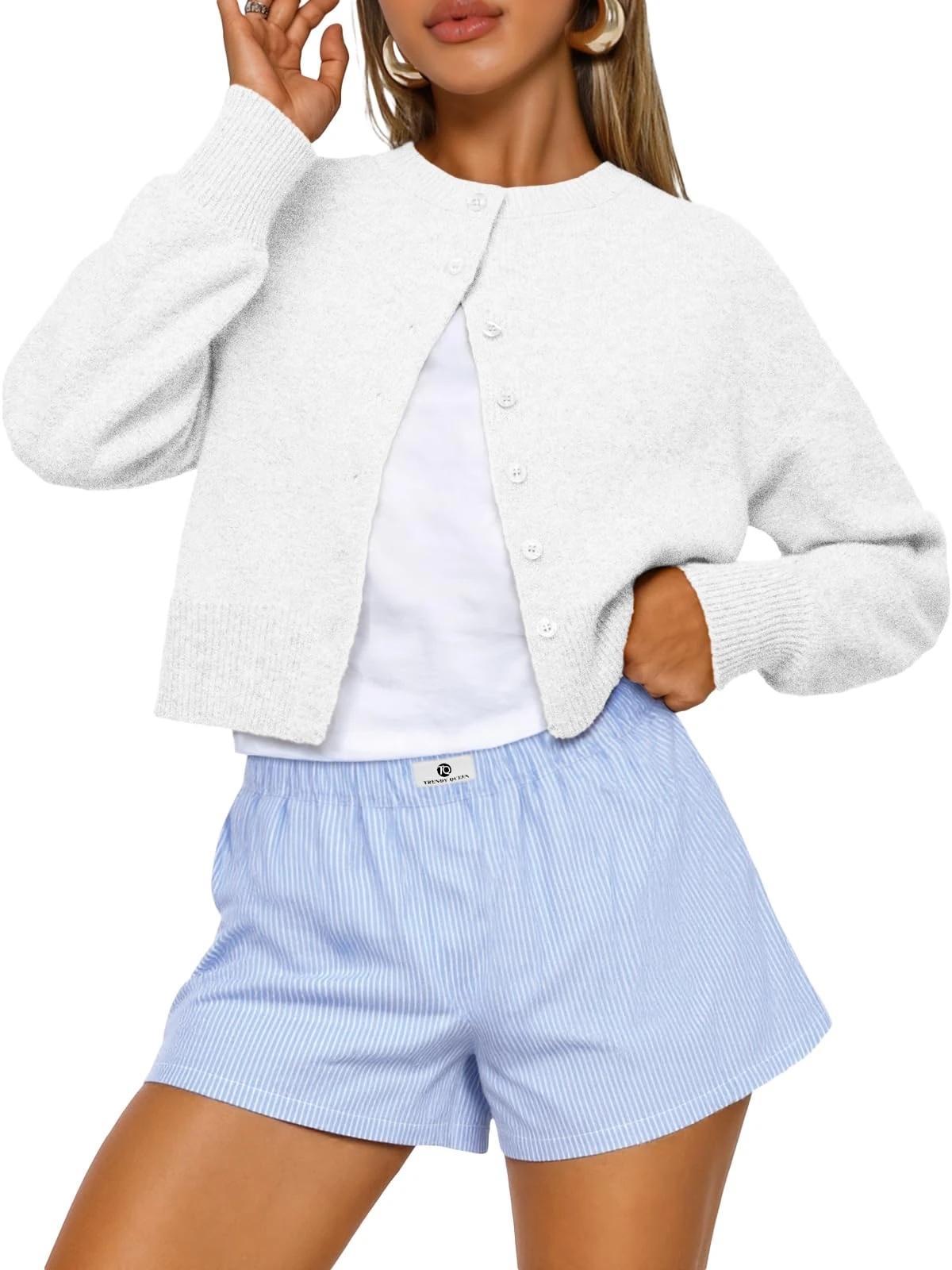Trendy Queen Cropped Cardigan Sweaters for Women Lightweight Crop Cotton Knit Y2k Fall Outfits Fashion Clothes 2024, White, Small