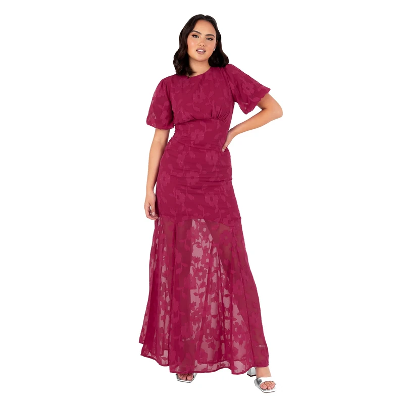 Anaya with Love Women's Maxi Dress Ladies Round Neck Puff Sleeve Chiffon Keyhole Back Empire Line Floral Jacquard Wedding Guest Evening, Cerise 6