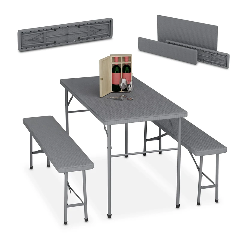 Relaxdays Folding Furniture Set of 3, Garden Table & Two Benches, Parties, Camping, HWD: 73 x 120 x 61 cm, Grey