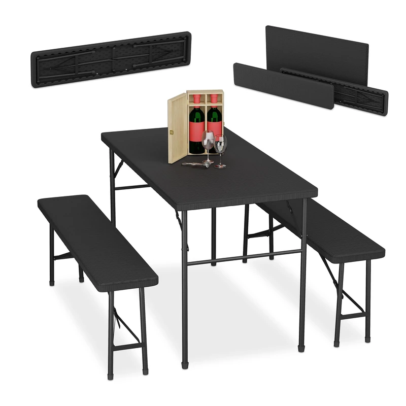 Relaxdays Folding Furniture Set of 3, Garden Table & Two Benches, Parties, Camping, HWD: 73 x 120 x 61 cm, Black
