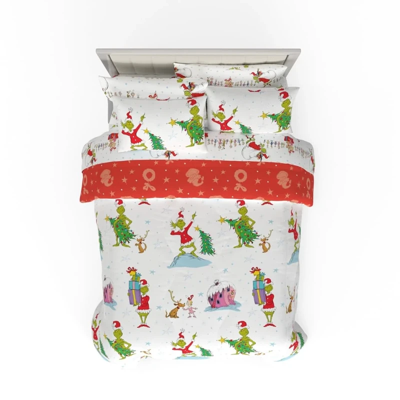Franco Comforter and Sheet Set with Sham, Microfiber, Grinch-White + Red, 7 Piece Queen Size