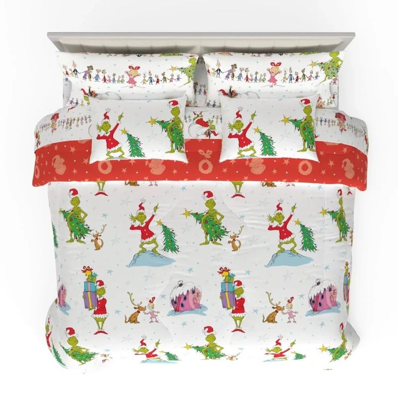 Franco Comforter and Sheet Set with Sham, Microfiber, Grinch-White + Red, 7 Piece King Size