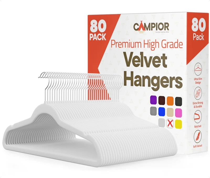 Campior Premium Velvet Non-Slip Hangers for Clothes - Heavy Duty Coat Hanger Set with 360° Swivel Hook, Lightweight, Luxurious Velvet Finish, Versatile Hangers for Any Closet, Pack of 80 - White