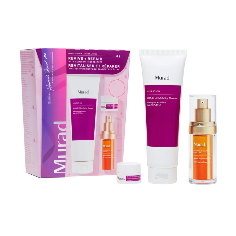 Murad Glow Up Routine, 3-Piece Set, Regimen for Total Skin Health, AHA/BHA Cleanser 148 ml, Vita-C Glycolic Serum 30 ml, Cellular Hydration Cream 7.5 ml
