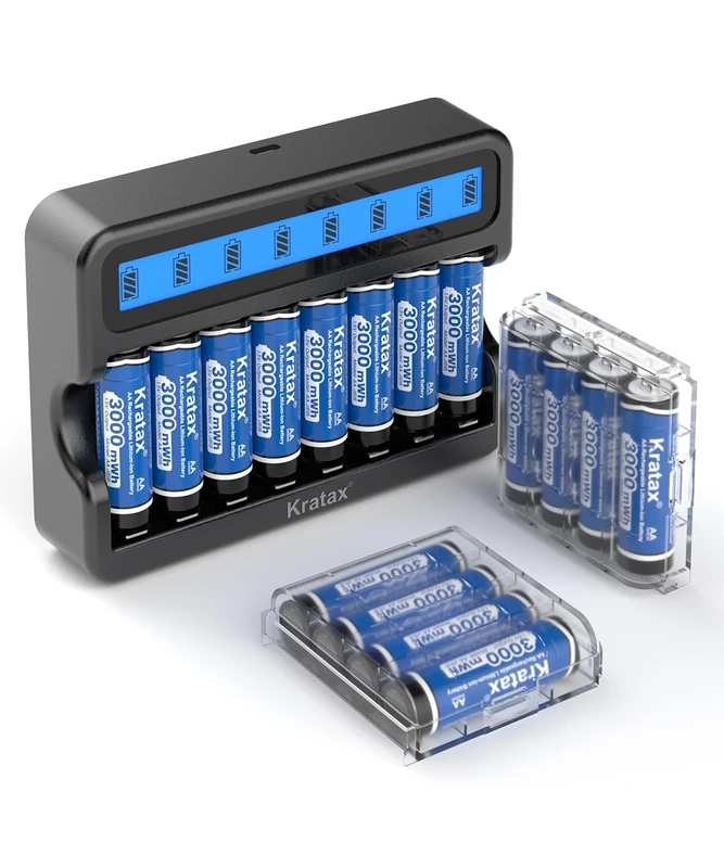 Kratax 1.5V AA Rechargeable Lithium Batteries 16Pack with LCD Charger - 3000mWh High Capacity,1600 Cycles Long-Lasting Li-ion aa Size,Max 3.8A Cuttent,for Blink Camera VR/AR Headset Xbox Controller