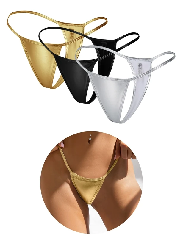 ohyeahlady Women's Shiny G-strings Sexy Micro Thongs T-back Tangas Briefs Low Rise Hipster Panties Underpants Plus Size Underwear Pack of 3 Black Gold Silver Size UK 8-12