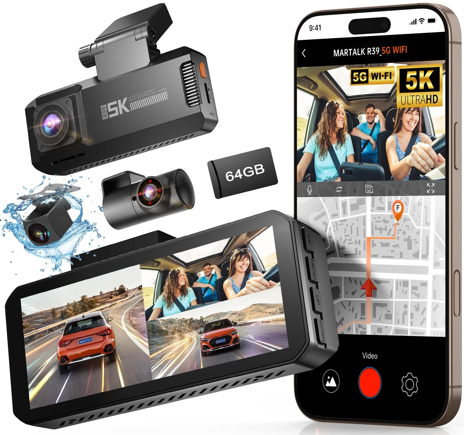 Martalk R39 Dash Cam Front and Rear,Dash Cam 3 Channel 5K with Built-in GPS & 5G WiFi.UHD 4K+1K+1K Triple Car Camera, 3.99" IPS Touch Screen, 64GB Card, Front, 24/7 Parking Monitoring for Dash Camera