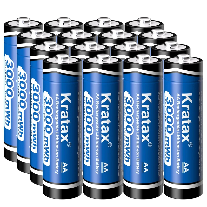 Kratax 1.5V Rechargeable Battery AA Lithium 16Pack - 3000mWh High Capacity Constant Output Double A Batteries,1600Cycle Long-Lasting Recharge Li-ion AA Size, Max 3.8A Discharge- Only Battery