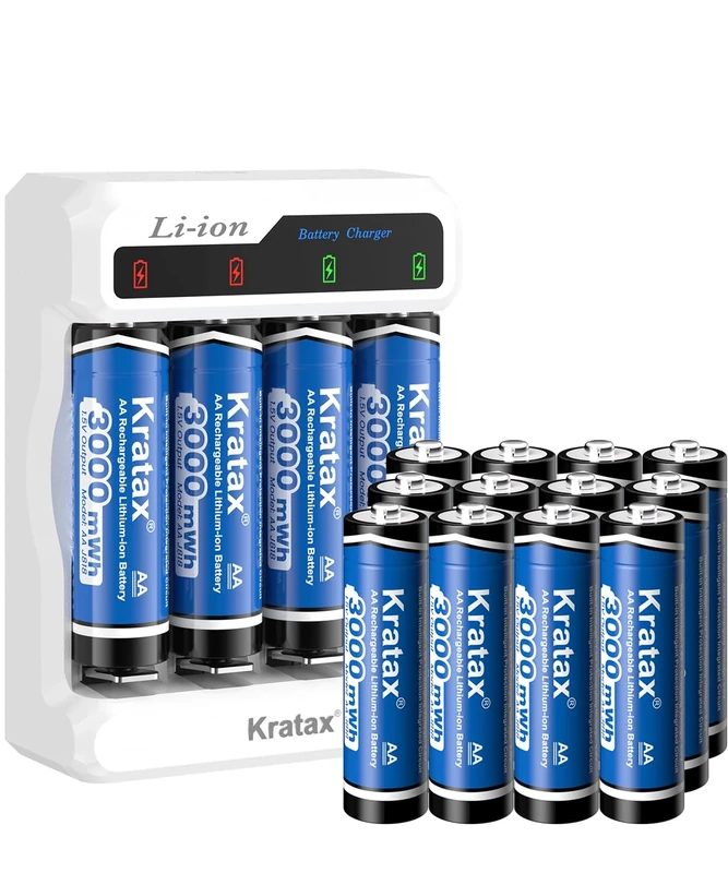 Kratax AA Rechargeable Lithium 1.5V Batteries 16Pack with Voice Charger - 3000mWh High Capacity Constant Output Rechargeable AA Battery,1600 Cycles Long-Lasting Li-ion Double a Size,Max 3.8A Discharge