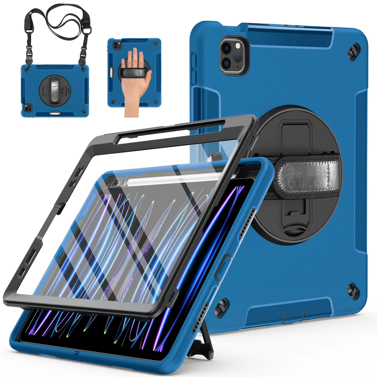 Miesherk Case for iPad Pro 11 Inch: Military Grade 3-Layer Full Body Protective Cover for iPad Pro 11 4th/3rd/2nd/1st Generation-Screen Protector-Pen Holder-Rotating Stand-Hand/Shoulder Strap-Blue
