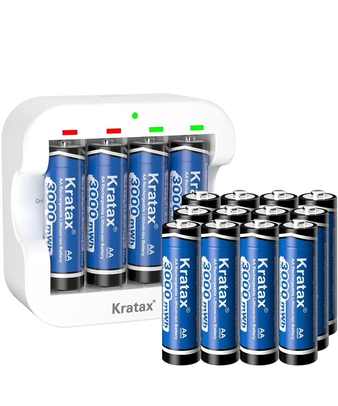 Kratax AA Rechargeable Lithium 1.5V Batteries 16Pack with Fast Charger - 3000mWh High Capacity Constant Output Rechargeable AA Battery,1600 Cycles Long-Lasting Li-ion Double aa Size,Max 3.8A Discharge