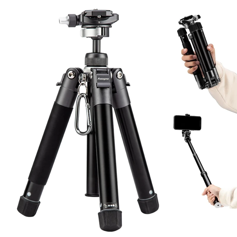 Fotopro FY820 Mini Tripod, 1.5 Lb, Lightweight Camera Tripod with 360 Degree Ball Head, Phone Mount for Selfie, Vlog, Maximum Load up to 6.6 lbs, Foldable, Size 8.6-55.1 inch, Grey