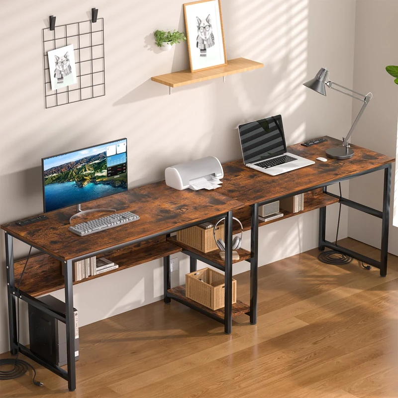 Ytaoka 78.74" Two Person Desk with 2 Power Strips, Double Desk with Shelves, Long Computer Desk for Two People, Wood Writing Desk Workstation for Home Office, 23.62"D x 78.74"W x 29.52"H, Rustic Brown