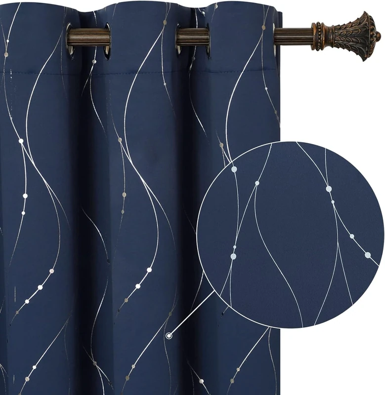 BUHUA Blackout Curtains Silver Foil Print Wave Lines and Dots Grommet Drapes, Room Darkening Thermal Insulated Curtains, Noise Reducing Curtain for Bedroom, Navy Blue, 66Wx84L, 2 Panels