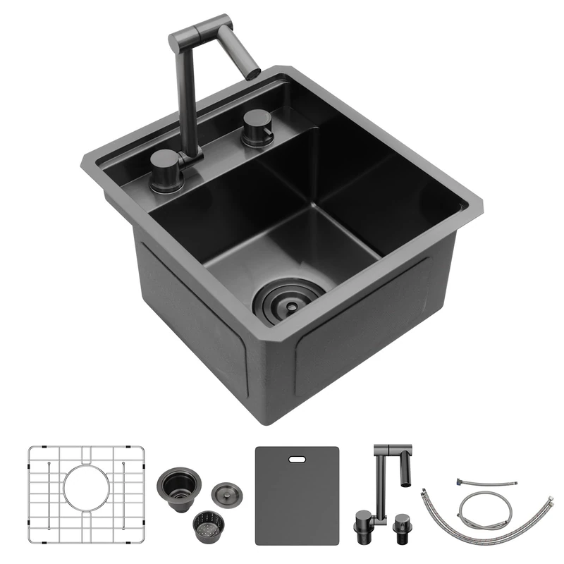 15x17 Inch Outdoor Undermount RV Sink with Folding Faucet Workstation 16 Gauge Stainless Steel Single Bowl Handmade Concealed RV Wet Outdoor Bar Van Kitchen Sinks with Luxury Accessories