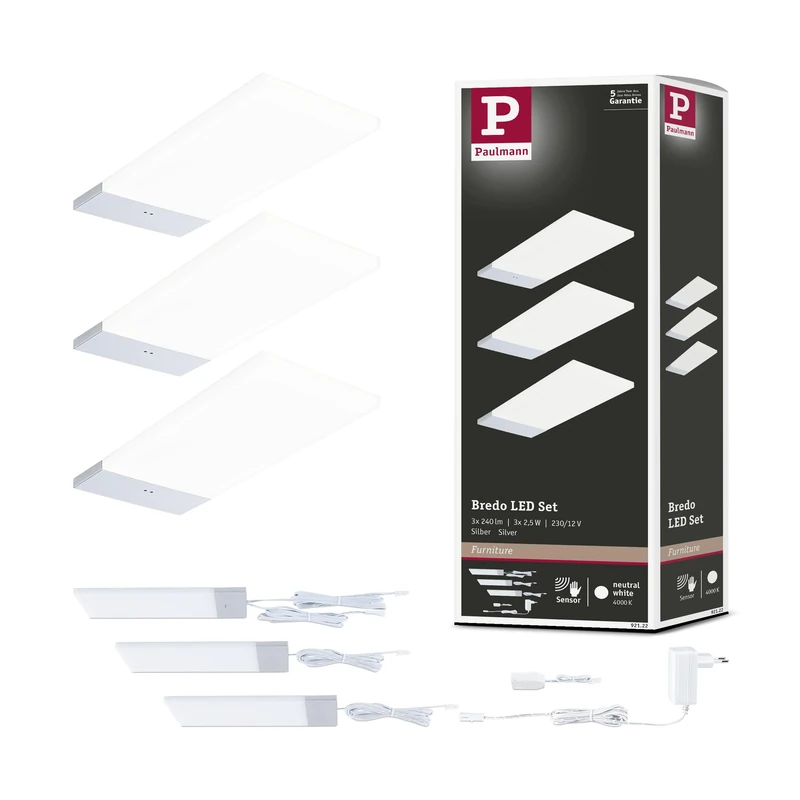 Paulmann 92122 LED Under Cabinet Bredo with Proximity Sensor Kit 3 4000K 2.5W 80x190mm 180lm Silver Surface Mounted Furniture Fixture