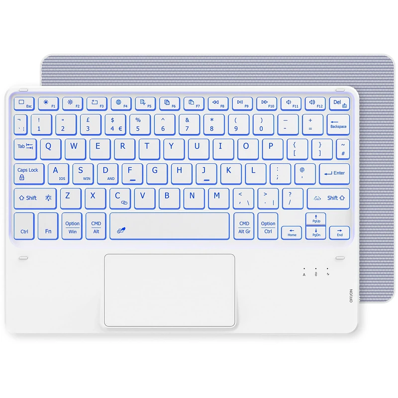CACOE 10 Inch QWERTY Wireless Keyboard with Touchpad, 7 Colors Illuminated Backlit, Bluetooth for iPad/Samsung/Lenovo/Windows/iPad Pro/iPad mini, White