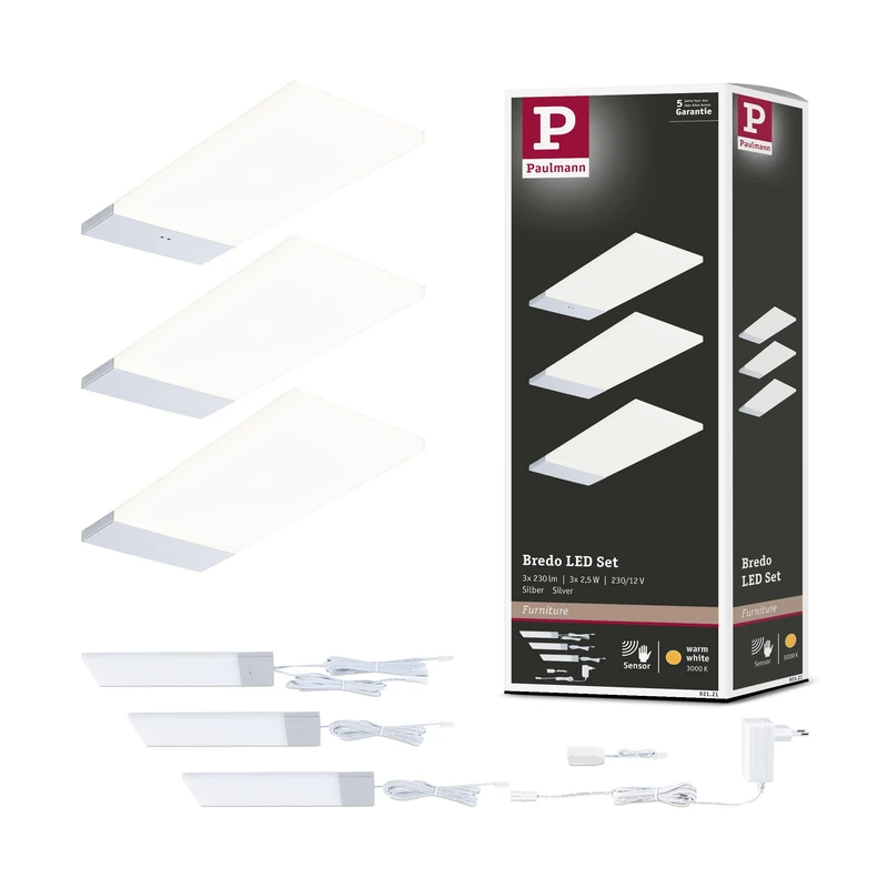 Paulmann 92121 LED Under Cabinet Bredo with Proximity Sensor Kit of 3 3000 K 2.5W 80x190 mm 180lm Silver Surface Mounted Light for Furniture
