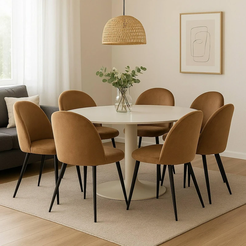 Dmora Set of 6 Stinson Chairs, Velvet Armchairs, Upholstered Dining Chair, Meeting Seat, 51 x 54 x 82 cm, Sand