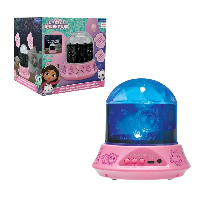 LEXIBOOK, Gabby's Dollhouse, Nightlight with speaker, Projections of the Gabby's Dollhouse TV series, Kaleidoscopic lights on the ceiling, Speaker with auxiliary plug, Rechargeable, NLJ035GDH