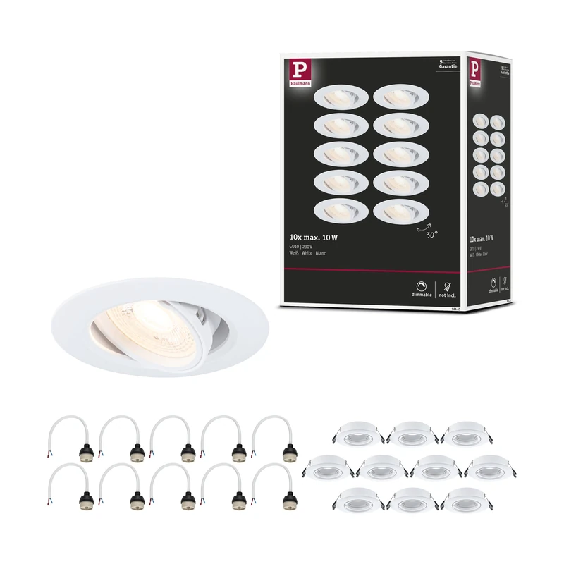 Paulmann 92115 recessed luminaire 10-Pack swivelling Round 90mm 30° GU10 max. 10x10W 230V White recessed lamp – luminaire lamp not Included - Image 1