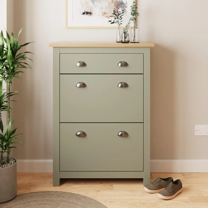GFW Lancaster Wooden Storage Organiser Cupboard with Drawer, Stores Up to 12 Shoes (Size 10). Slim Entryway Cabinets for Home Hallway, Bedroom & Hall, Oak, Sage Green, H-108cm x W-78cm x D-24cm