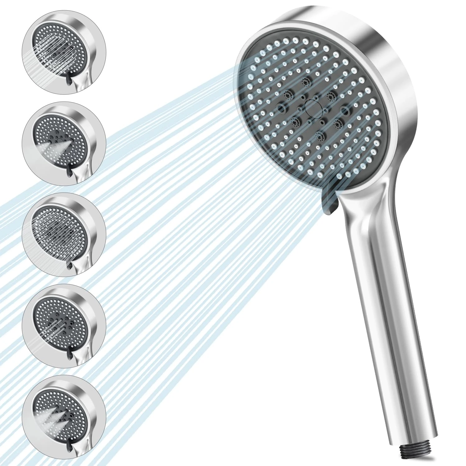 VEHHE Shower Head with 5 Spray Modes, High Pressure Shower Heads with Anti-Clogging Liquid Silicone Nozzles, Large Shower Head Chrome-Plated, Round Universal Shower Heads Handheld for Home Gym Spa