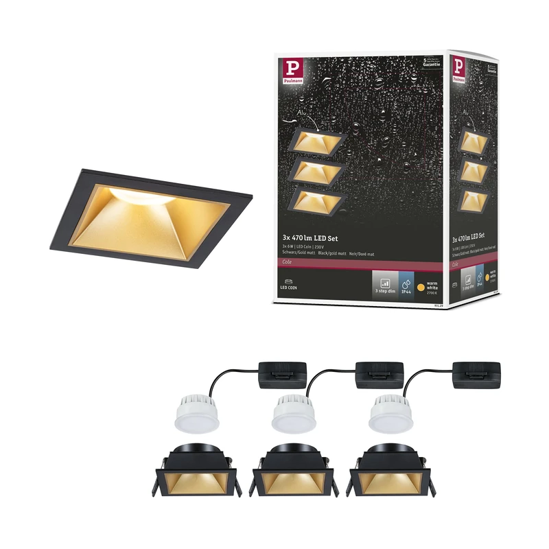 Paulmann 93129 LED recessed luminaire 3-Step dimming Cole IP44 Rectangular 88x88mm Coin 3x6W 3x470lm 230V 2700K Black, Gold matt - Image 1